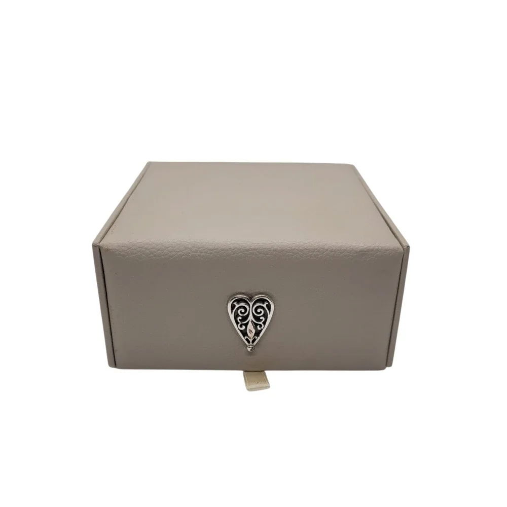Brighton Follow Your Heart Pebbled Faux Leather Square Jewelry Box Silver Heart